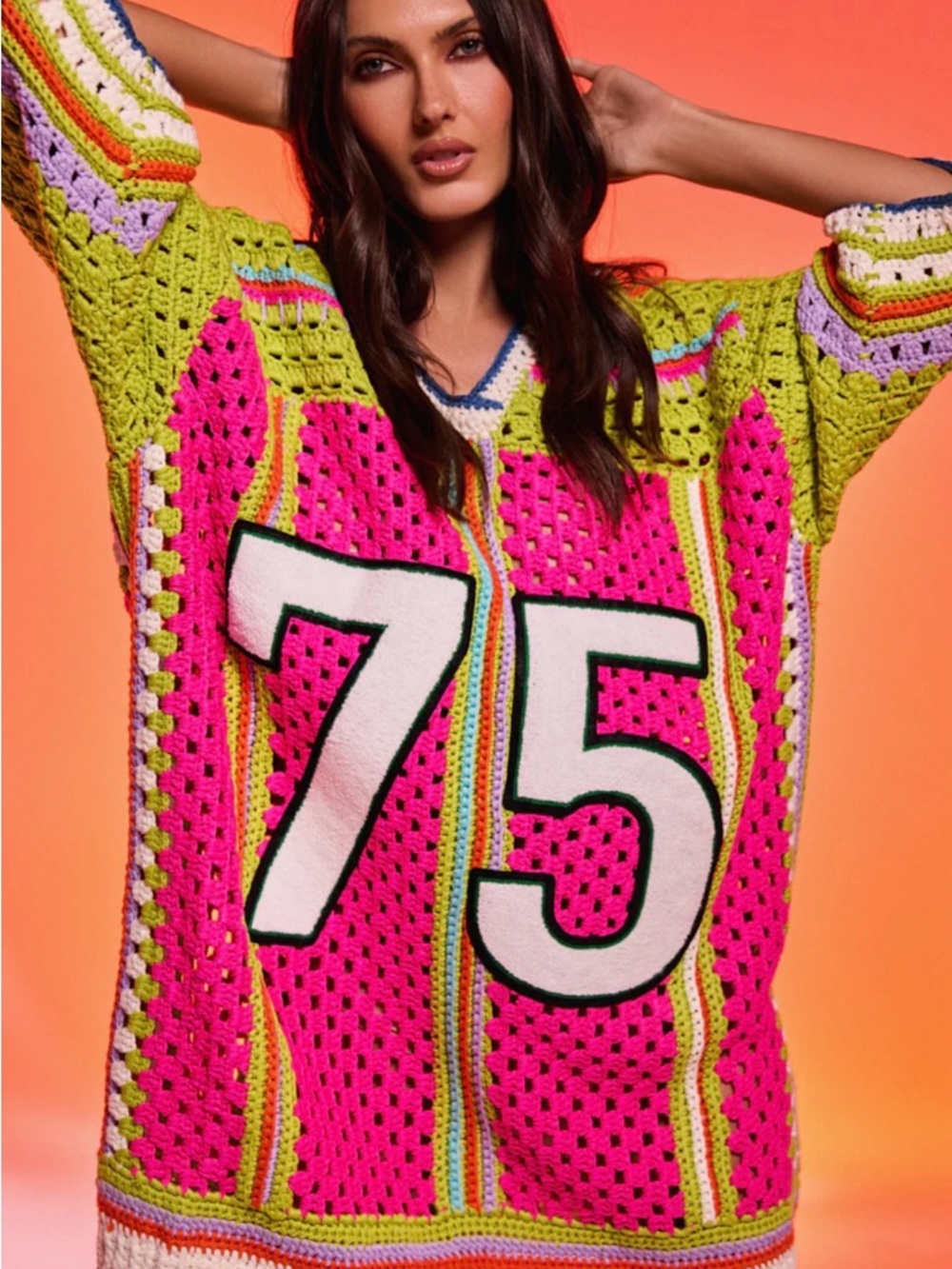 AKIRA Neon Pink & Lime Crochet Number 75 Oversized Top